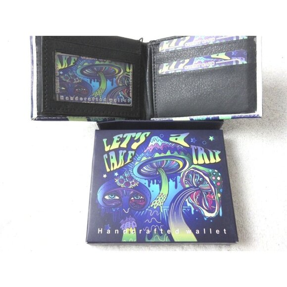 Lets Take a Trip Psychedelics Magic Mushroom Print Bi-Fold Vegan Leather Wallet - Picture 2 of 5